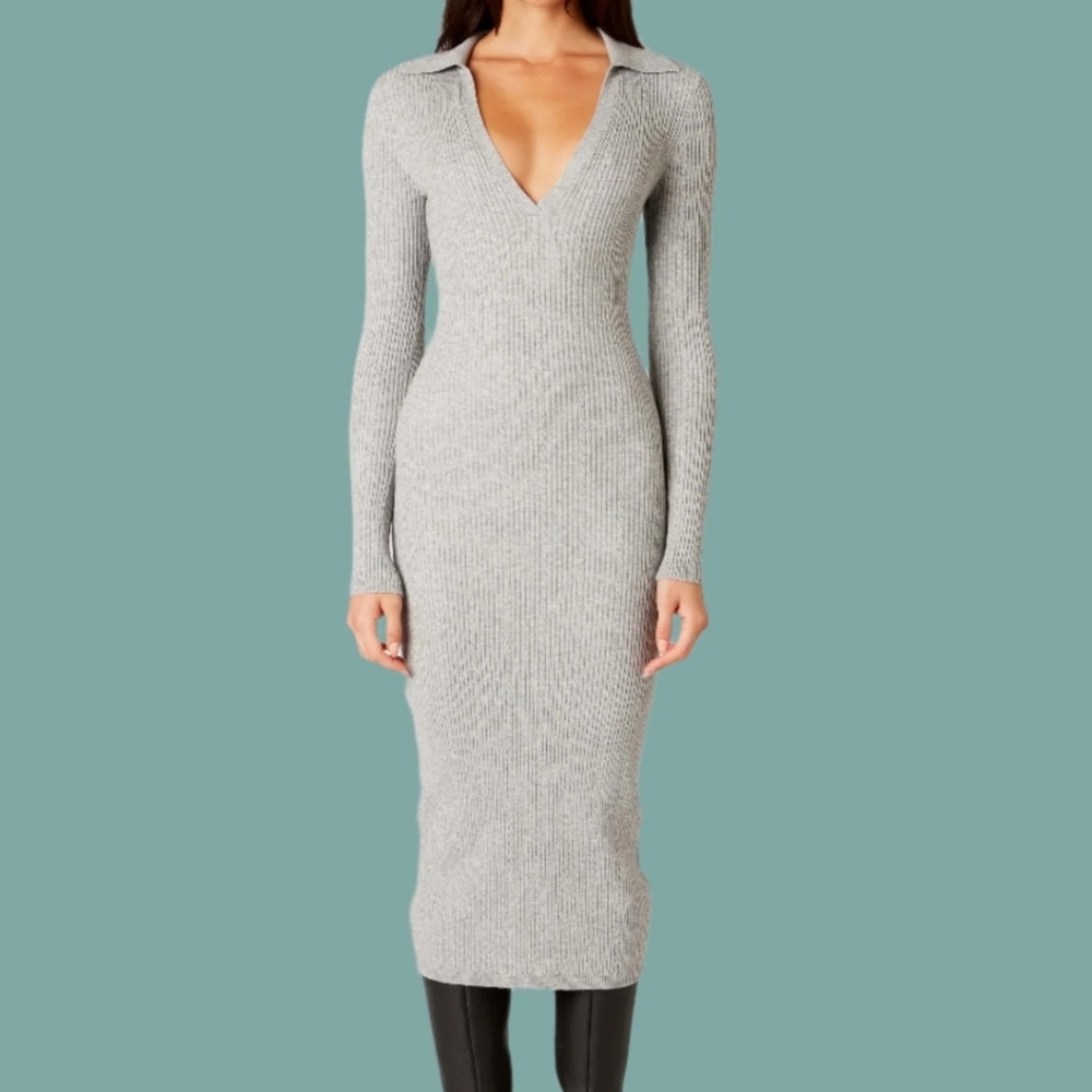 Aritzia Babaton Light Grey V Neck Collar Knit Long Sleeve Medium Sweater Dress